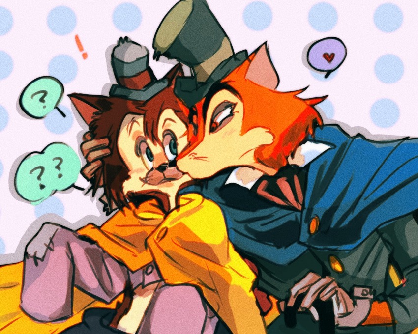 "honest"_john_foulfellow anthro blush cane canid canine clothing domestic_cat exclamation_point felid feline felis fox gideon_(pinocchio) hat headgear headwear hi_res kissing kissing_cheek looking_into_eyes mammal pinocchio question_mark red_eyes torn_clothing