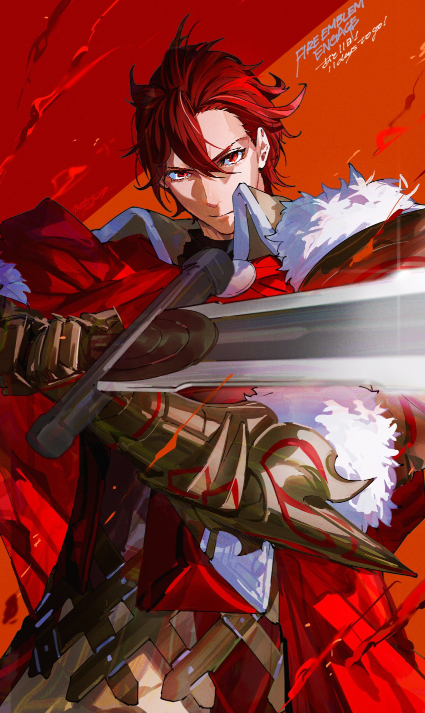 1boy armor bangs cape diamant_(fire_emblem) fire_emblem fire_emblem_engage frown fur fur_trim gauntlets gloves highres holding holding_weapon looking_at_viewer mika_pikazo official_art red_eyes serious short_hair solo swept_bangs sword weapon