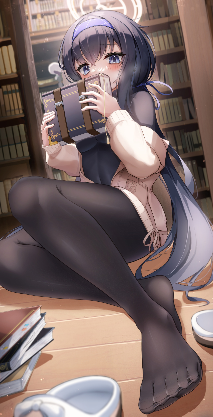 1girl absurdres bangs black_hair black_pantyhose black_shirt blue_archive blue_ribbon blurry blurry_background blush book bookshelf breasts brown_jacket covered_navel covering_mouth crossed_bangs feet foreshortening full_body furrowed_brow glowing hair_ribbon halo headband highres holding holding_book indoors jacket legs li_se library light_particles long_hair long_sleeves looking_at_viewer open_clothes open_jacket pantyhose purple_headband ribbon sandals shirt sidelocks sitting small_breasts solo toes ui_(blue_archive) wooden_floor