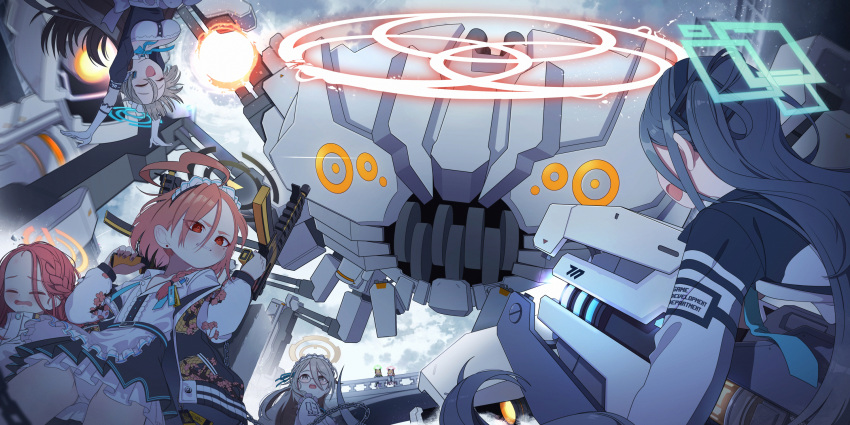 6+girls :d ahoge akane_(blue_archive) aris_(blue_archive) asuna_(blue_archive) battle black_skirt blue_archive blush braid breasts bridge cannon chain character_request clenched_teeth closed_eyes dual_wielding embarrassed glasses gloves gun halo highres holding holding_gun holding_weapon jacket jumping large_breasts long_hair long_sleeves looking_at_viewer maid mecha medium_hair miniskirt mnnnya mole mole_under_eye multiple_girls neru_(blue_archive) non-humanoid_robot open_mouth panties pantyshot red_eyes red_hair robot skirt smile submachine_gun teeth underwear weapon white_gloves yuzu_(blue_archive)