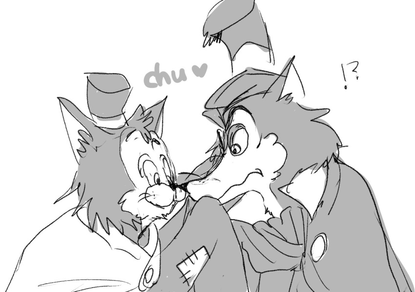 &lt;3 "honest"_john_foulfellow anthro black_and_white blush canid canine clothing domestic_cat exclamation_point felid feline felis fox gideon_(pinocchio) hat headgear headwear kissing mammal monochrome pinocchio question_mark red_eyes sketch torn_clothing