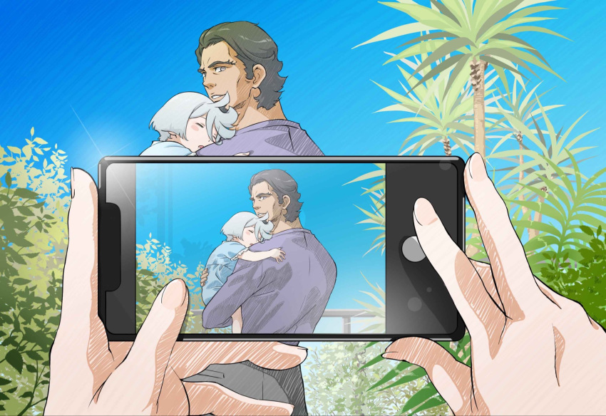 1boy 2girls aged_down beard camera camera_lens carrying cellphone child_carry closed_eyes delling_rembran facial_hair family father_and_daughter finger_frame grey_eyes grey_hair gundam gundam_suisei_no_majo highres horii_kumi miorine_rembran multiple_girls phone sleeping smartphone smile