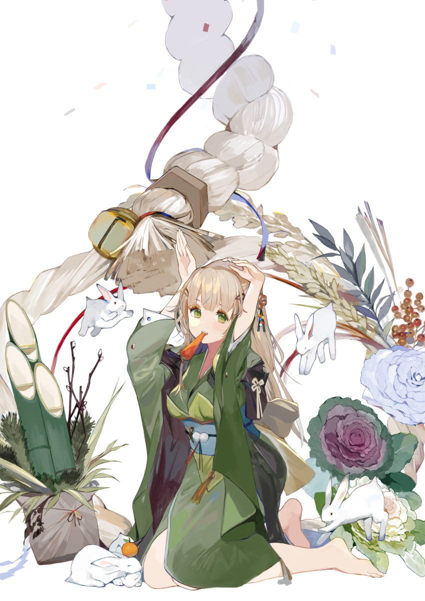 1girl animal arms_up bangs barefoot bell blue_flower blue_rose brown_hair bunny_pose carrot chinese_zodiac commentary_request confetti flower food_in_mouth green_eyes green_kimono highres japanese_clothes jingle_bell kadomatsu kimono kneeling long_hair long_sleeves mizopost mouth_hold obi original purple_flower purple_rose rabbit rope rose sash shimenawa simple_background solo very_long_hair white_background white_flower white_rose wide_sleeves year_of_the_rabbit