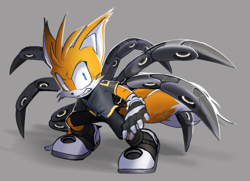 2023 2_tails 3511vo angry anthro black_bottomwear black_clothing black_footwear black_gloves black_handwear black_nose black_shirt black_shoes black_shorts black_topwear blue_background blue_eyes bottomwear canid canine clenched_teeth clothing cybernetic_limb cybernetic_tail footwear fox full-length_portrait fur gloves grey_background handwear looking_at_viewer male mammal miles_prower multi_tail orange_body orange_fur portrait pose sega shirt shorts signature simple_background solo sonic_prime sonic_the_hedgehog_(series) tail tails_nine teeth topwear white_body white_fur