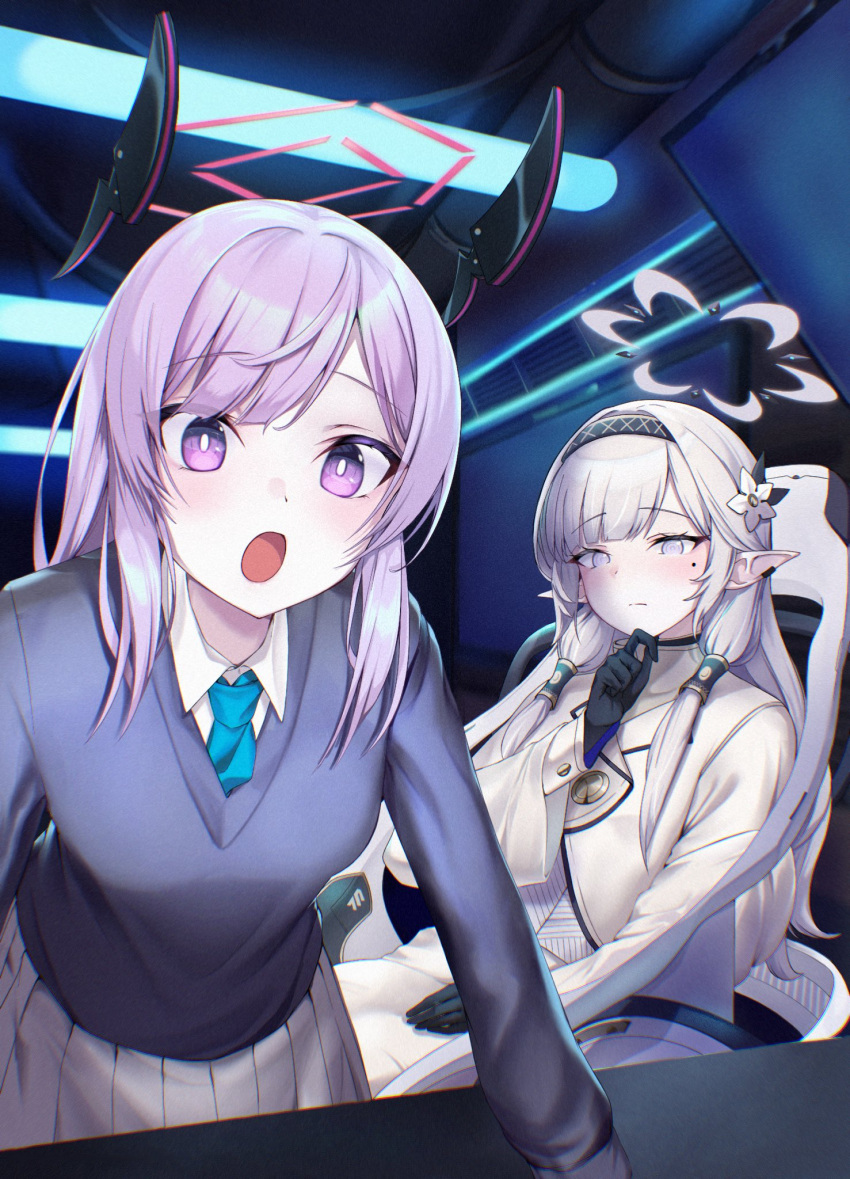 2girls :o black_gloves blue_archive blue_necktie cardigan closed_mouth coat collared_shirt film_grain flower gloves grey_eyes hair_flower hair_ornament hair_tubes hairband halo highres himari_(blue_archive) hogemi indoors light_blush long_hair long_sleeves looking_at_viewer mole mole_under_eye monitor multiple_girls necktie open_mouth pointy_ears powered_wheelchair purple_eyes purple_hair shirt skirt utaha_(blue_archive) wheelchair white_coat white_hair white_shirt white_skirt