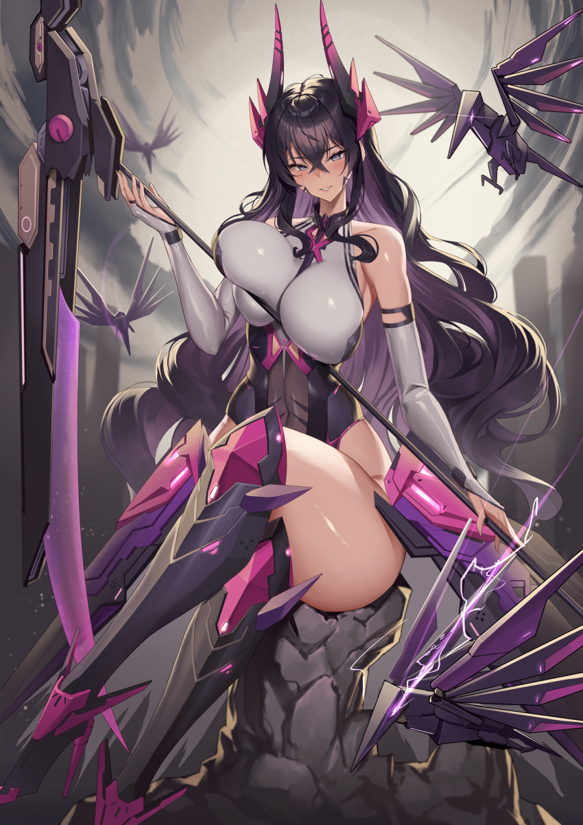 1girl absurdres bangs bare_shoulders blue_eyes blush breasts bridal_gauntlets commentary_request crossed_bangs crossed_legs goddess_of_victory:_nikke harran_(nikke) high_heels highres holding holding_scythe horns kirome_(kamipaper) large_breasts long_hair looking_at_viewer mole mole_under_eye parted_lips purple_hair purple_thighhighs scythe sitting smile solo thick_thighs thighhighs thighs weapon