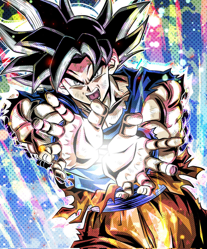 1boy angry biceps black_hair blue_sash blue_shirt blue_wristband collarbone commentary_request dougi dragon_ball dragon_ball_z energy fighting_stance grey_eyes halftone hands_up highres looking_at_viewer male_focus multicolored_background muscular muscular_male open_mouth outstretched_arms pectorals sash shirt solo son_goku spiked_hair standing teeth tongue torn_clothes ushi_(akabec0) v-shaped_eyebrows wristband