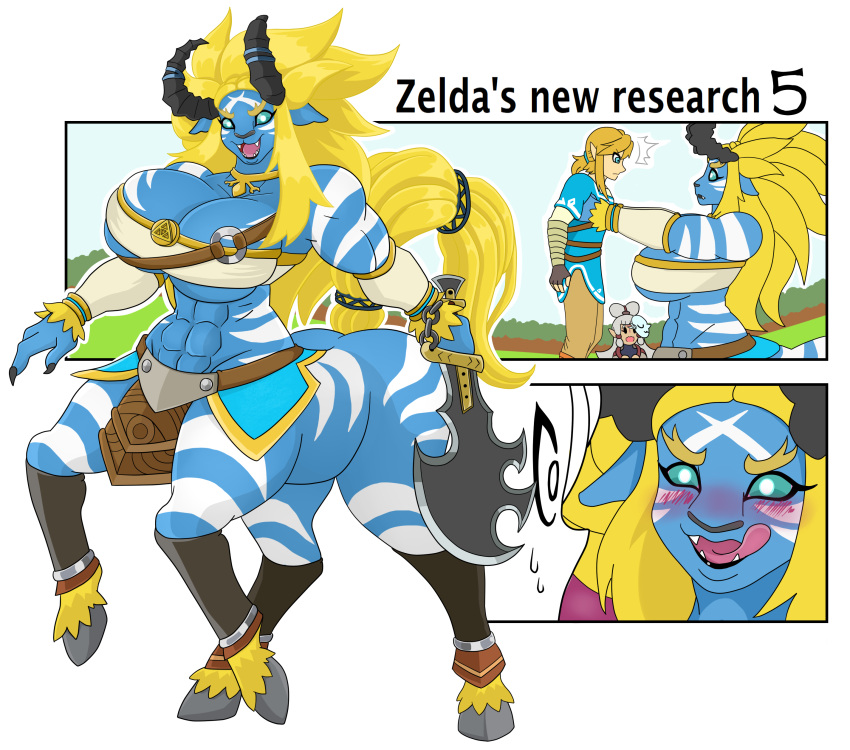 abs absurd_res big_breasts blonde_hair blue_body blue_eyes blush bodily_fluids breasts breath_of_the_wild carrying clothed clothing female grass group hair hi_res hooves horn humanoid humanoid_pointy_ears hylian impa larger_female licking licking_lips licking_own_lips lifting link long_hair lynel male mammal mask melee_weapon monster muscular muscular_female nintendo open_mouth outside plant princess_zelda self_lick sharp_teeth sheikah shirt size_difference sky smaller_female smaller_male smile standing sweat sword taur teeth the_legend_of_zelda tongue tongue_out topwear transformation tree trio urusee584 weapon