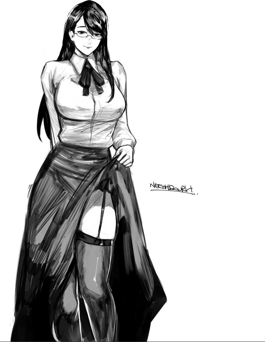 1girl artist_name bangs black_bow black_bowtie bow bowtie breasts clothes_lift collared_shirt garter_straps glasses greyscale highres large_breasts long_hair long_sleeves looking_at_viewer monochrome shiny_clothes shiny_hair shirt skirt skirt_lift smile solo thighhighs tokyo_ghoul white_background yourfreakyneighbourh