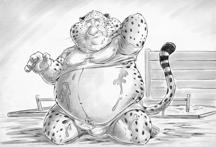 2019 anthro belly benjamin_clawhauser big_belly bite biting_lip bottomwear bulge cheetah clothed clothing detailed_bulge disney felid feline footwear fur furryrevolution genital_outline hand_behind_head kneeling looking_down male mammal mud muddy navel nipples obese obese_anthro obese_male obstacle_course overweight overweight_anthro overweight_male penis_outline raised_clothing raised_shirt raised_tail raised_topwear shirt shoes shorts sitting solo spots spotted_body spotted_fur tail topwear translucent translucent_clothing whiskers wide_eyed zootopia