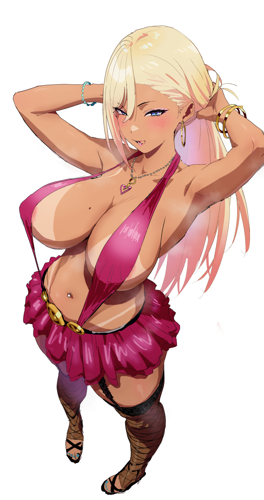1girl absurdres adjusting_hair areola_slip armpits blue_eyes blush bracelet breasts collarbone earrings fishnets from_above garter_straps gyaru highres hoop_earrings ishii_takamori jewelry kogal large_breasts licking_lips long_hair looking_at_viewer looking_up miniskirt mole mole_on_breast navel_piercing necklace original piercing revision skirt solo tan tanlines tongue tongue_out