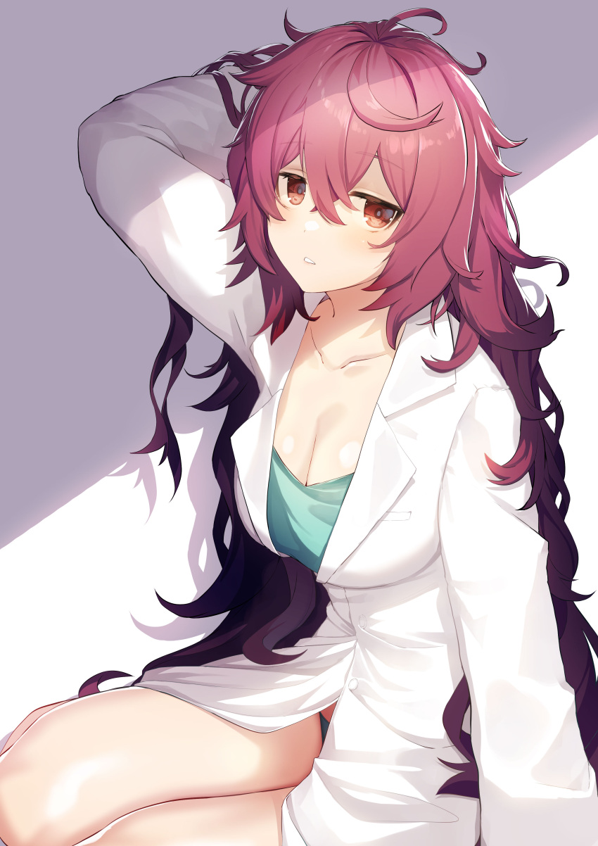 1girl absurdres aqua_shirt bangs breast_pocket breasts brown_hair cleavage collarbone curly_hair hair_between_eyes hand_in_own_hair highres kuroda_maria labcoat large_breasts long_hair looking_at_viewer meth_(emethmeth) panties pantyshot parted_lips pocket red_eyes shiny_hair shirt shuumatsu_no_harem sitting solo underwear very_long_hair