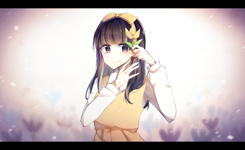 1girl black_hair blurry blurry_background bow brown_eyes chen_w_ling_946 devotion dress du_meishin flower hair_bow hairband highres holding holding_flower long_hair long_sleeves looking_at_viewer origami pinafore_dress shirt sleeveless sleeveless_dress solo upper_body white_shirt yellow_bow yellow_dress yellow_flower yellow_hairband