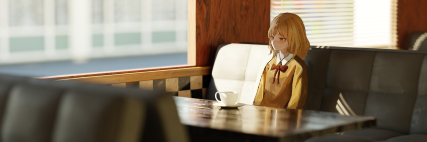 1girl absurdres bangs blonde_hair bow closed_mouth cup diner garoppui green_eyes highres indoors long_sleeves medium_hair original plate red_bow shade sitting solo table teacup window