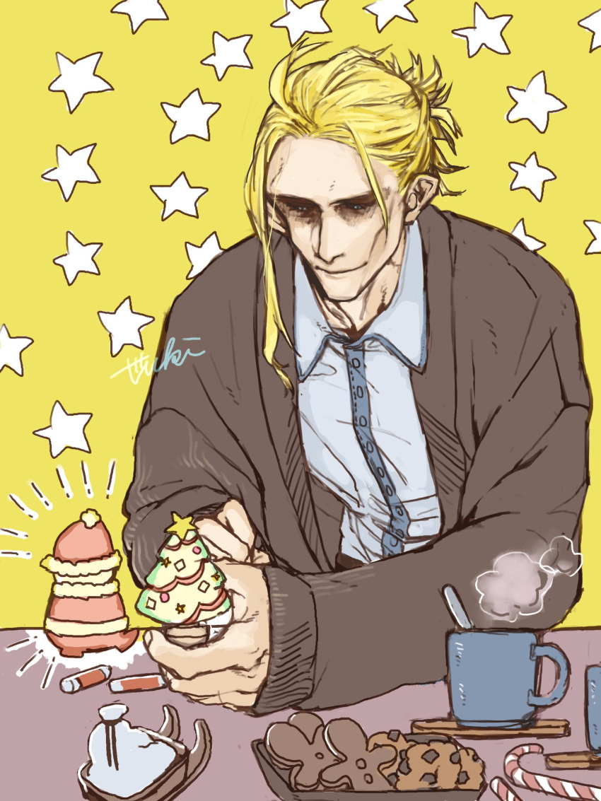 1boy aki_shigeru blonde_hair blue_shirt boku_no_hero_academia brown_jacket candy candy_cane chocolate_chip_cookie christmas closed_mouth collared_shirt commentary_request cookie cup food gingerbread_man highres holding holding_cookie holding_food jacket long_sleeves male_focus mug shirt short_hair simple_background smile solo star_(symbol) steam table upper_body yagi_toshinori yellow_background