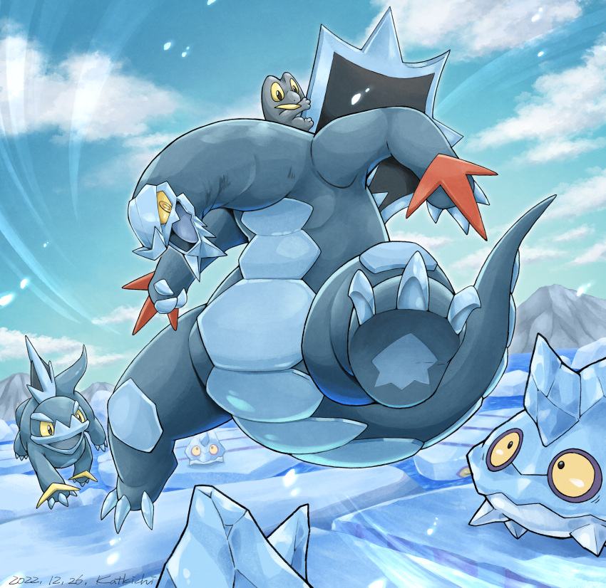 absurdres arctibax avalugg baxcalibur bergmite blue_skin claws colored_skin dragon evolutionary_line fangs frigibax highres ice iceberg katkichi long_tail no_humans pokemon pokemon_(creature) scales skin_fangs tail yellow_eyes