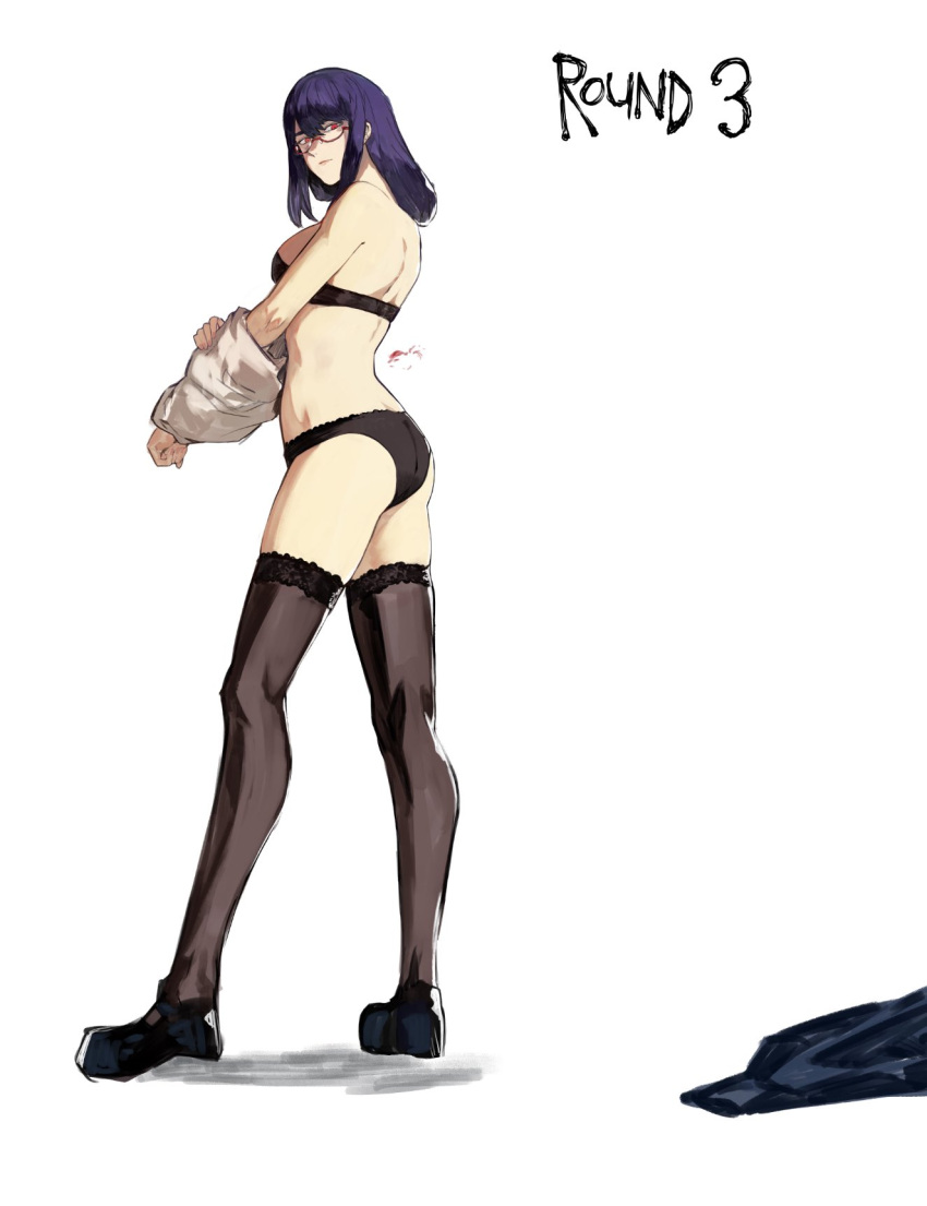 1girl ass bangs black_bra black_footwear black_panties black_skirt black_thighhighs bra closed_mouth from_side glasses grey_shirt highres kamishiro_rize long_hair looking_at_viewer panties purple_hair red_eyes shirt shoes simple_background skirt skirt_removed solo standing strapless strapless_bra thighhighs tokyo_ghoul underwear undressing white_background yourfreakyneighbourh