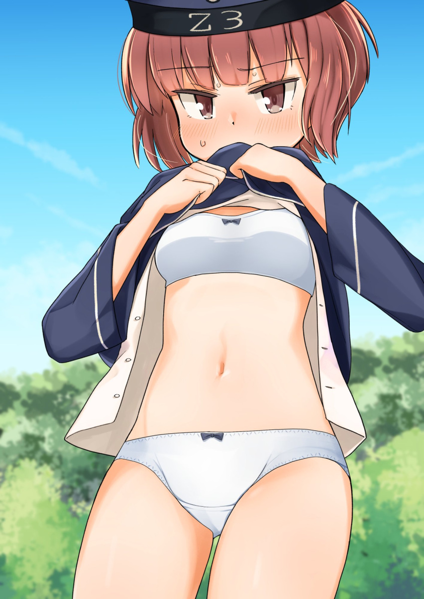 1girl blue_sky bra brown_eyes brown_hair bush clothes_lift cloud commentary_request commission cowboy_shot day dress dress_lift hat highres kantai_collection looking_at_viewer navel outdoors panties sailor_collar sailor_hat short_hair skeb_commission sky solo training_bra undershit underwear white_bra white_panties yotubawatane z3_max_schultz_(kancolle)