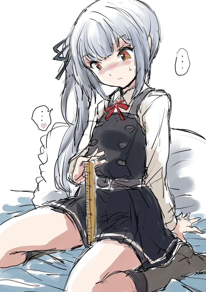 1girl bed black_ribbon brown_eyes collared_shirt commentary_request dress dress_shirt fuji_(pixiv24804665) grey_hair hair_ribbon highres kantai_collection kasumi_(kancolle) kasumi_kai_ni_(kancolle) long_hair long_sleeves looking_down neck_ribbon pillow pinafore_dress red_ribbon ribbon ruler sexually_suggestive shirt side_ponytail simple_background sitting solo wariza white_background white_shirt