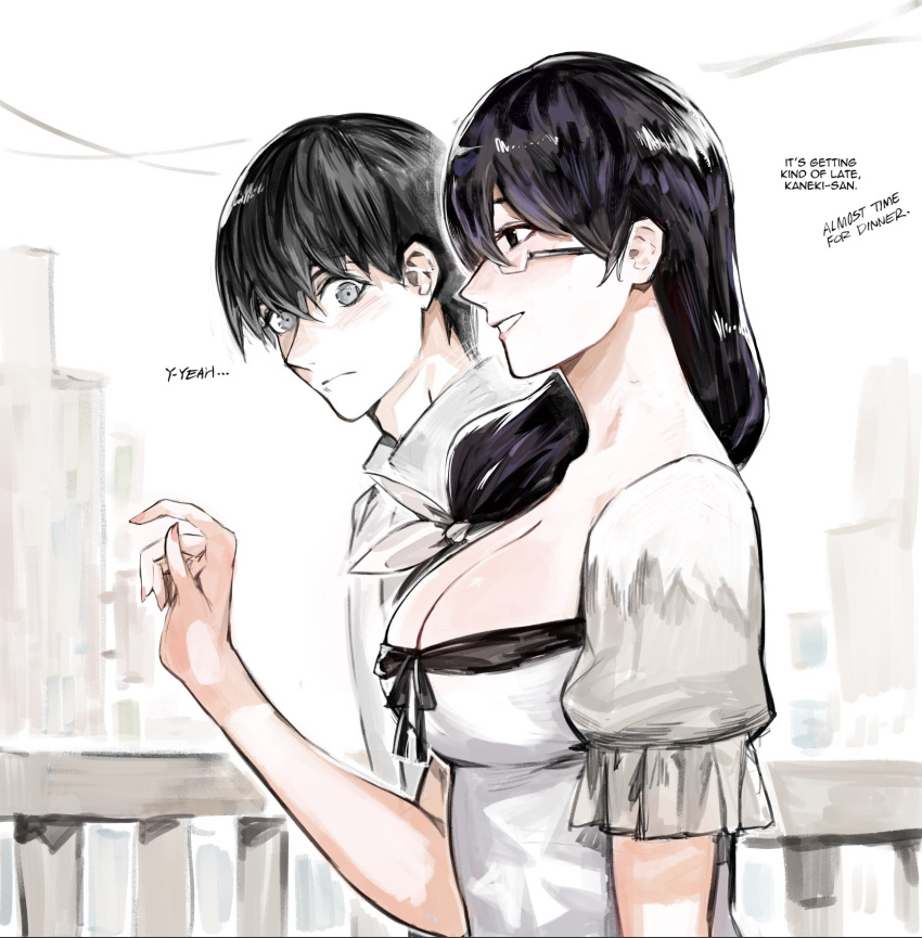 1boy 1girl bangs black_hair breasts cleavage closed_mouth dress english_text from_side frown glasses grey_dress grey_eyes grin hand_up highres kamishiro_rize kaneki_ken large_breasts long_hair looking_at_another looking_at_breasts puffy_short_sleeves puffy_sleeves shiny_hair shirt short_sleeves smile teeth tokyo_ghoul white_background white_shirt yourfreakyneighbourh