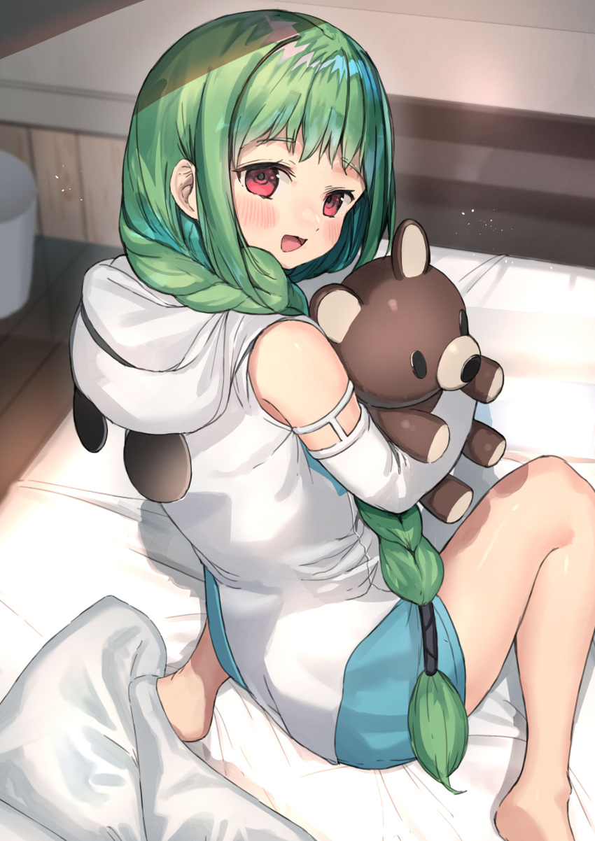 1girl :d absurdres bangs bare_legs barefoot blue_shorts blush braid braided_ponytail detached_sleeves from_behind green_hair highres holding holding_stuffed_toy hood hood_down hooded_sweater indoors long_hair long_sleeves looking_at_viewer looking_back on_bed ponytail ranf red_eyes shiny_hair short_shorts shorts shuumatsu_no_harem sitting sleepwear sleeveless sleeveless_sweater smile solo stuffed_animal stuffed_toy sweater teddy_bear very_long_hair wariza white_sleeves white_sweater wooden_floor yamada_sui