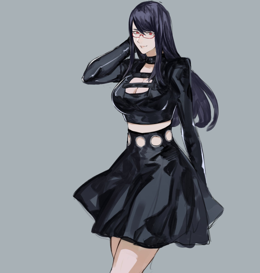 1girl alternate_costume arm_up bangs black_shirt black_skirt breasts cleavage closed_mouth cowboy_shot glasses grey_background highres kamishiro_rize large_breasts long_hair long_sleeves red_eyes shiny_hair shirt skirt solo tokyo_ghoul yourfreakyneighbourh