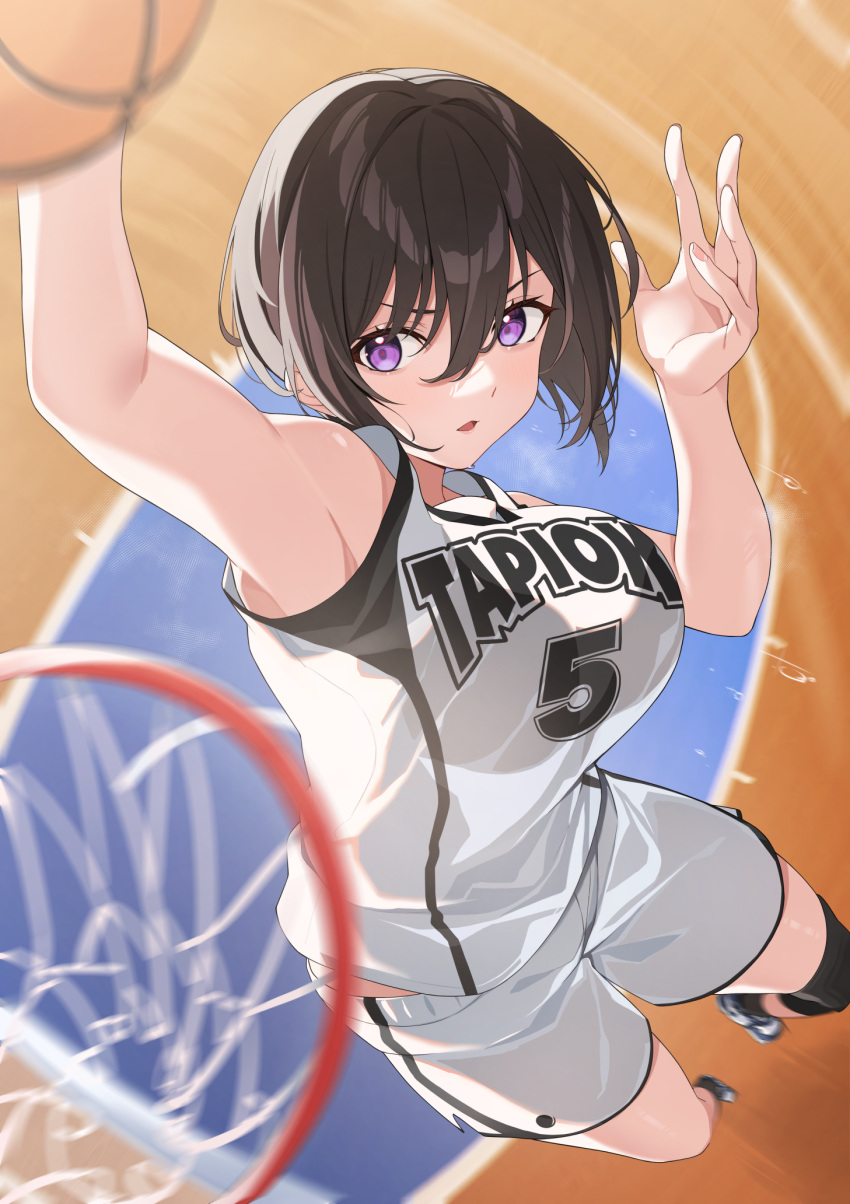 1girl ball bangs basketball basketball_court basketball_hoop basketball_jersey basketball_uniform black_hair blurry blurry_background blurry_foreground breasts commentary_request flying_sweatdrops gym_shorts hair_between_eyes highres holding holding_ball large_breasts looking_at_viewer original parted_lips playing_sports purple_eyes shoes short_hair shorts sneakers solo sportswear sweat tapioka_(oekakitapioka)
