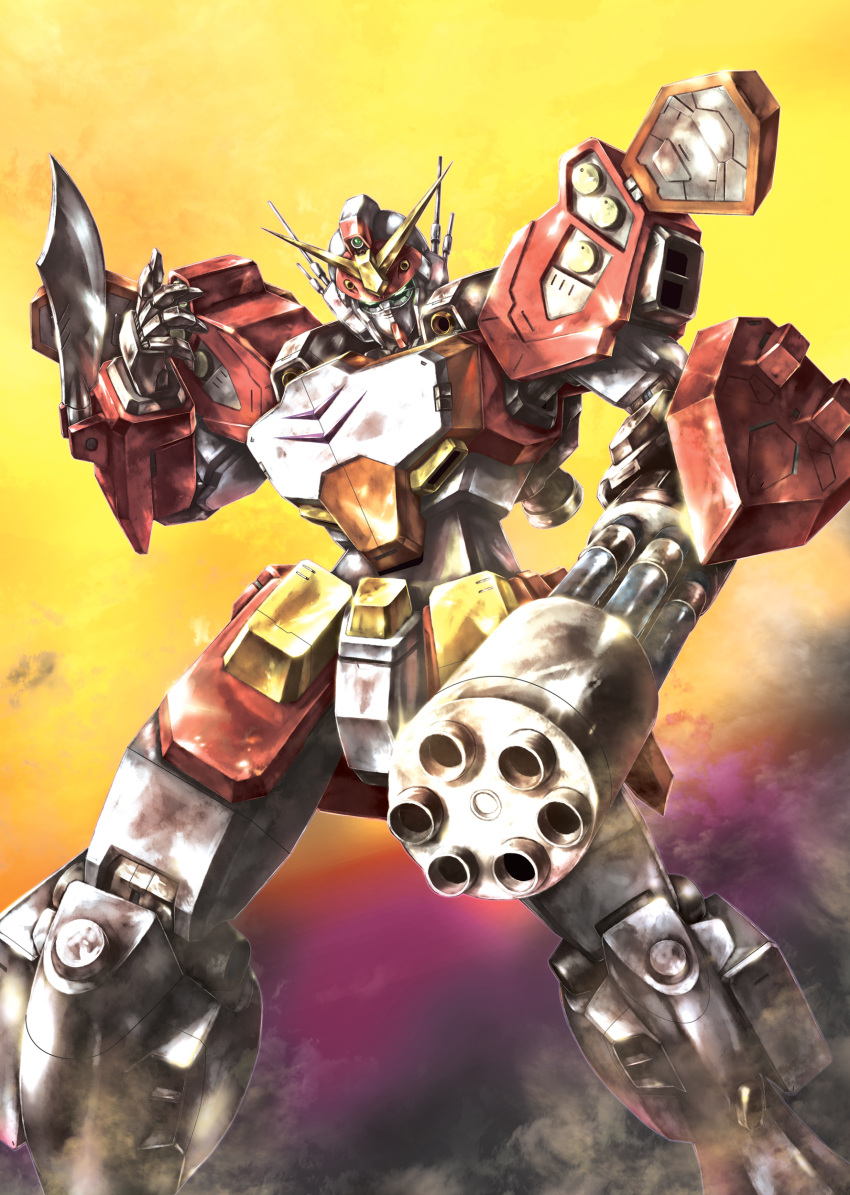 absurdres arm_blade foreshortening gatling_gun green_eyes gundam gundam_heavyarms gundam_wing hand_up highres mecha missile_pod mobile_suit multicolored_background open_hand robo_misucha robot science_fiction smoke solo standing thrusters v-fin weapon