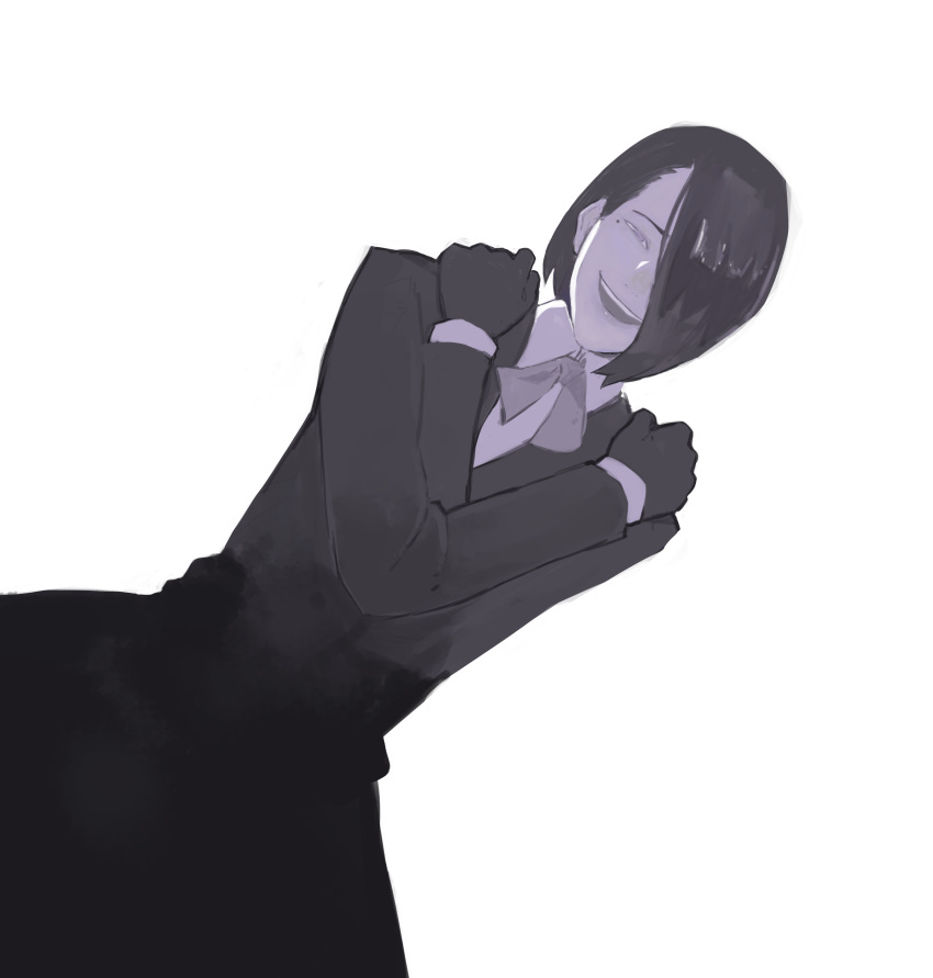 1boy :d absurdres bangs black_gloves black_hair black_jacket collared_shirt furuta_nimura gloves grey_background hands_on_own_shoulders highres jacket male_focus mole mole_under_eye shiny_hair shirt simple_background smile solo teeth tokyo_ghoul tokyo_ghoul:re upper_teeth_only yourfreakyneighbourh