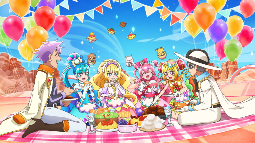 2boys 4girls :d ^_^ absurdres apron black_pepper_(precure) blonde_hair blue_bow blue_dress blue_hair blue_sky bow bowl cape choker chopsticks closed_eyes closed_mouth cloud coat coat_on_shoulders cure_finale cure_precious cure_spicy cure_yum-yum day delicious_party_precure desert diadem double_bun dress earrings eating floating_hair fork fuwa_kokone gloves grey_hair hair_bow hair_bun hanamichi_ran hat highres holding holding_bowl holding_chopsticks holding_fork indian_style jacket jewelry kasai_amane kneeling kome-kome_(precure) long_hair long_sleeves makeup mascara mem-mem_(precure) multiple_boys multiple_girls nagomi_yui open_mouth orange_dress outdoors pam-pam_(precure) pants pink_dress pink_hair precure purple_hair recipipi red_bow red_choker rice_bowl rosemary_(precure) shinada_takumi shiny_hair short_hair sitting sky smile very_long_hair waist_apron wariza white_apron white_cape white_coat white_gloves white_headwear white_jacket white_pants