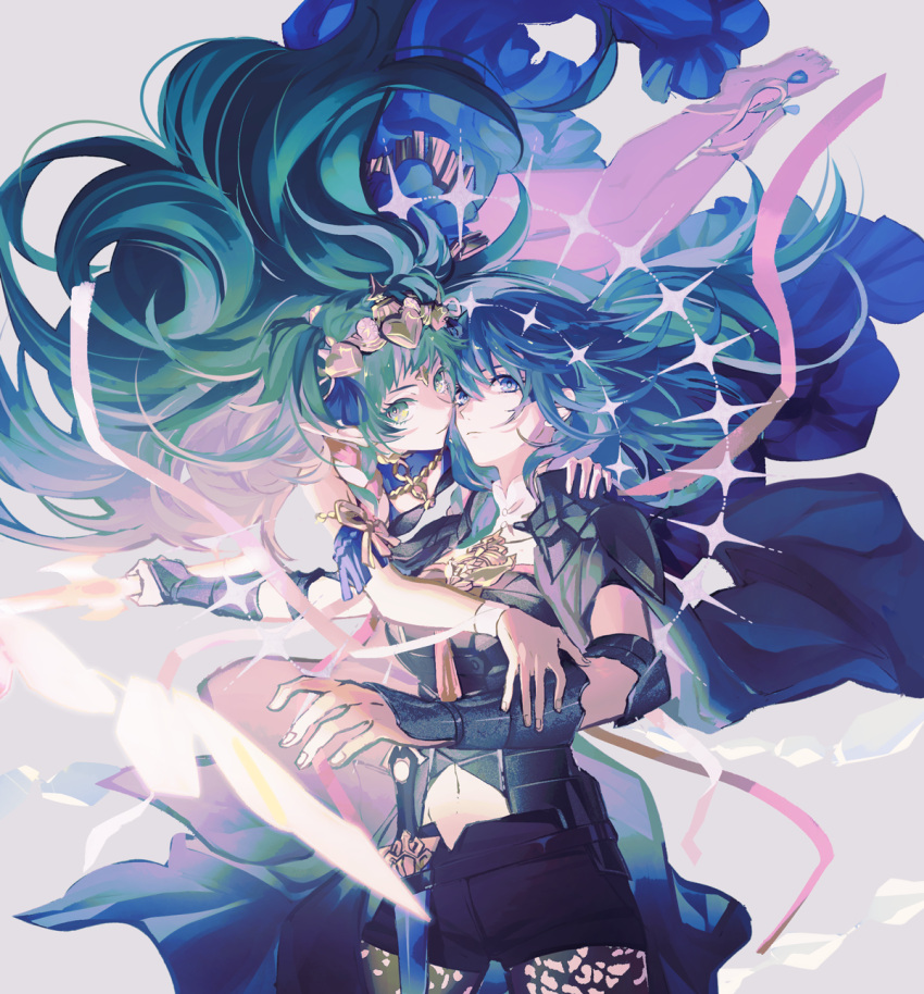 1boy 1girl black_cape black_shorts blue_eyes blue_hair byleth_(female)_(fire_emblem) byleth_(fire_emblem) cape closed_mouth en_(enxxx) fire_emblem fire_emblem:_three_houses floating_hair green_eyes green_hair hand_on_another's_shoulder highres holding holding_sword holding_weapon long_hair looking_at_viewer midriff navel pointy_ears short_shorts shorts sothis_(fire_emblem) stomach sword weapon