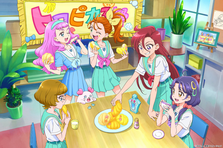 5girls :d ;d ahoge aozora_middle_school_uniform aqua_sailor_collar aqua_skirt bangs blue_hairband blue_neckerchief blue_shirt blue_skirt bow brown_eyes brown_hair collared_shirt eating food food_on_face green_eyes grin hair_between_eyes hair_bow hair_ornament hair_over_shoulder hairband hairclip ichinose_minori indoors kururun_(precure) laura_la_mer long_hair low_ponytail medium_hair miniskirt multiple_girls natsuumi_manatsu neckerchief one_eye_closed pink_hair pink_neckerchief pleated_skirt precure profile purple_eyes purple_hair purple_neckerchief red_bow red_hair red_neckerchief rimless_eyewear sailor_collar sailor_shirt school_uniform shiny_hair shirt short_sleeves side_ponytail sitting skirt smile standing suzumura_sango table takizawa_asuka tropical-rouge!_precure white_sailor_collar white_shirt yellow_bow yellow_neckerchief