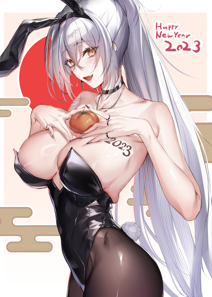 1girl 2023 absurdres animal_ears areola_slip bangs black_choker black_hairband black_leotard black_pantyhose blush breasts choker cleavage collarbone commentary eichi english_commentary fake_animal_ears fake_tail fingernails food from_side fruit grey_hair hair_between_eyes hairband happy_new_year highres jewelry large_breasts leotard long_hair looking_at_viewer necklace open_mouth orange_eyes original pantyhose playboy_bunny ponytail rabbit_ears rabbit_tail ring sharp_fingernails smile tail