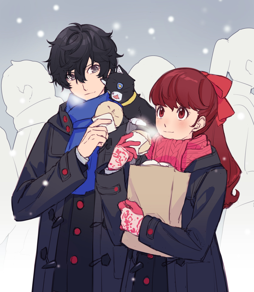 1boy 1girl absurdres amamiya_ren animal animal_on_shoulder bangs black_cat black_coat black_eyes black_hair black_jacket blue_scarf blush breath buttons cat closed_mouth coat food gloves hair_between_eyes hair_ribbon highres holding holding_food jacket long_hair long_sleeves morgana_(persona_5) persona persona_5 persona_5_the_royal pink_gloves pink_scarf ponytail red_eyes red_hair red_ribbon ribbon scarf school_uniform short_hair shuujin_academy_school_uniform smile snow snowing tsubsa_syaoin uniform winter_clothes winter_coat yoshizawa_kasumi