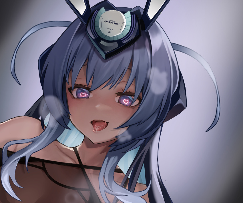 1girl absurdres akira_(362723462) azur_lane bare_shoulders grey_background headgear heart heart-shaped_pupils highres long_hair looking_at_viewer new_jersey_(azur_lane) open_mouth purple_eyes purple_hair saliva simple_background solo symbol-shaped_pupils teeth tongue tongue_out upper_teeth_only