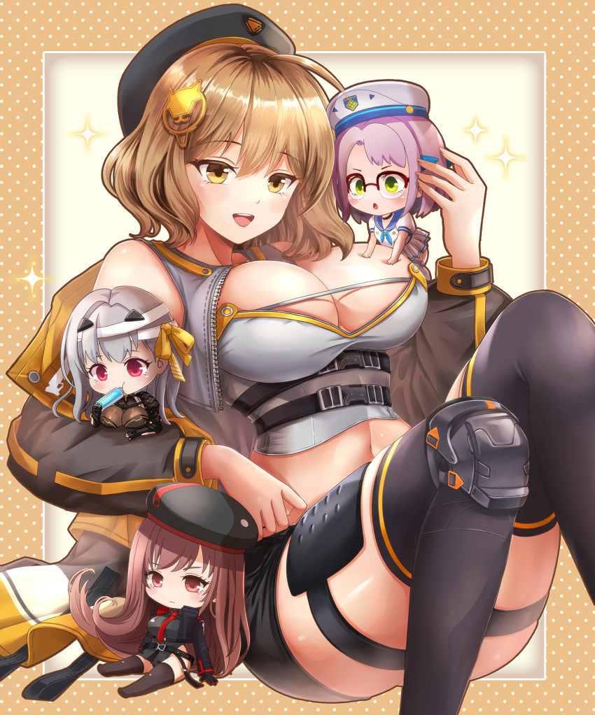 4girls :d :o ahoge anis_(nikke) armor bandaged_head bandages bangs bare_shoulders belt beret black_belt black_gloves black_headwear black_jacket black_leotard black_shorts black_thighhighs blue_neckerchief blue_sailor_collar blush bodystocking breasts brown_eyes brown_hair cat_hair_ornament chibi chibi_inset chinese_commentary cleavage closed_mouth collared_leotard commentary_request crop_top cropped_jacket fingerless_gloves full_body glasses gloves goddess_of_victory:_nikke green_eyes grey_hair grey_shirt hair_between_eyes hair_ornament hair_ribbon hat highres jacket large_breasts leotard long_hair long_sleeves looking_at_viewer midriff modernia_(nikke) multiple_girls navel neckerchief necktie neon_(nikke) off_shoulder omone_chou open_mouth over-rim_eyewear pleated_skirt polka_dot polka_dot_background rapi_(nikke) red_eyes red_necktie ribbon sailor_collar see-through_cleavage semi-rimless_eyewear shirt short_hair short_shorts short_sleeves shorts sidelocks sitting skindentation skirt sleeveless sleeveless_shirt smile sparkle standing teeth thigh_strap thighhighs toothpaste underbust upper_teeth_only white_hair white_headwear white_shirt