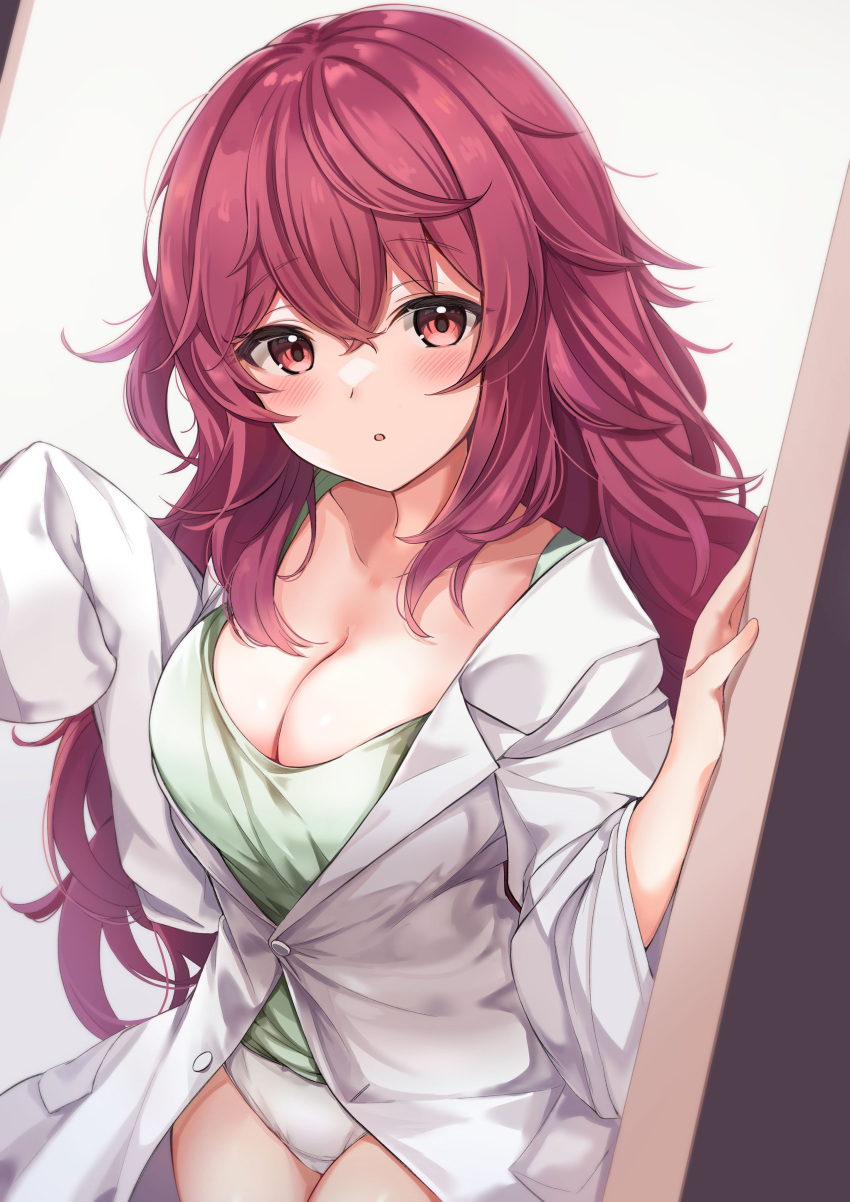 1girl absurdres bangs blush collarbone cowboy_shot green_shirt hair_between_eyes highres j_young kuroda_maria labcoat long_hair looking_at_viewer messy_hair open_door open_mouth panties red_eyes red_hair shiny_hair shirt shuumatsu_no_harem sleeves_past_fingers sleeves_past_wrists solo standing underwear very_long_hair white_panties