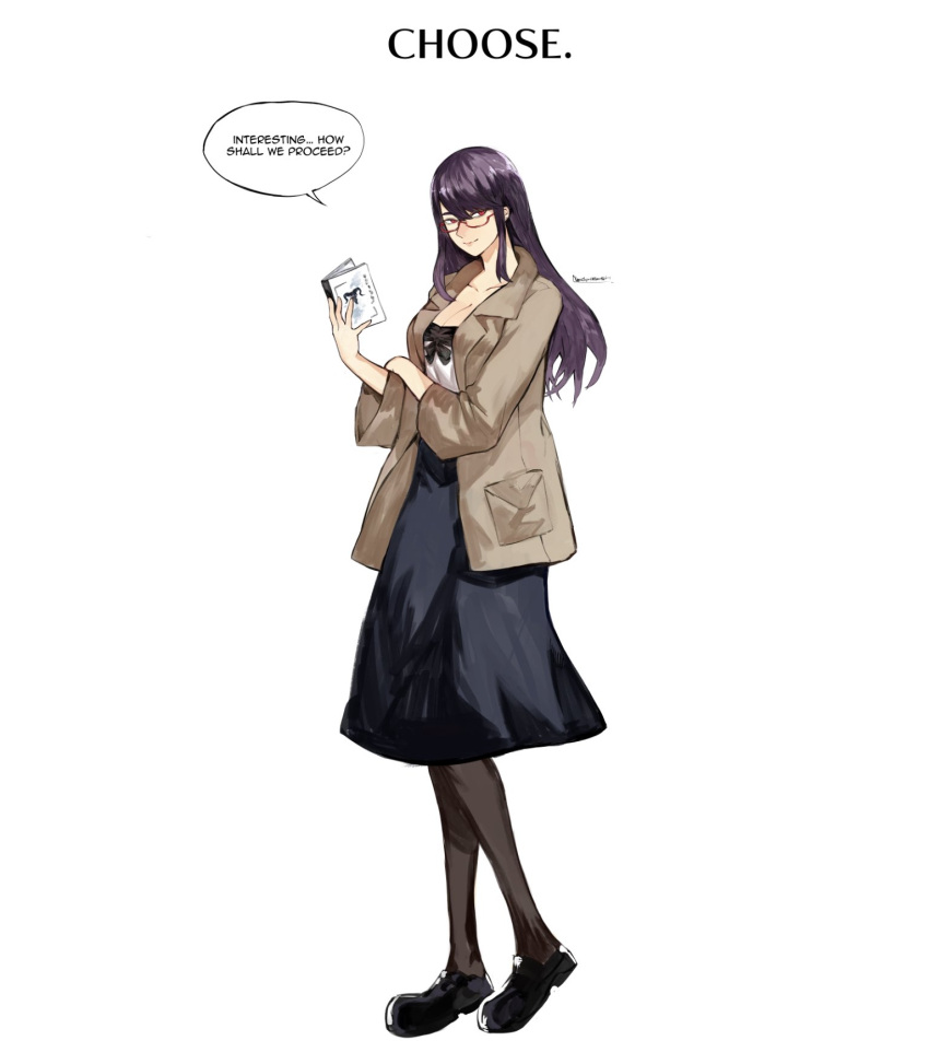 1girl artist_name bangs black_footwear black_skirt breasts brown_jacket brown_pantyhose cleavage closed_mouth collarbone english_text glasses highres holding jacket kamishiro_rize large_breasts long_hair long_sleeves open_clothes open_jacket pantyhose shiny_hair shirt simple_background skirt smile solo tokyo_ghoul white_background white_shirt yourfreakyneighbourh