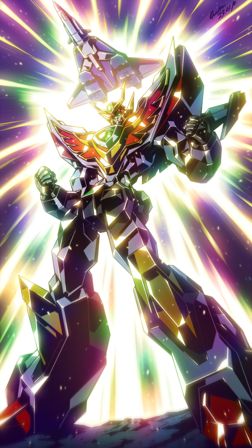 aircraft airplane babamba canards clenched_hands commentary_request dated full_body great_fighbird green_eyes hands_up highres mecha robot science_fiction signature standing super_robot taiyou_no_yuusha_fighbird v-fin yuusha_series