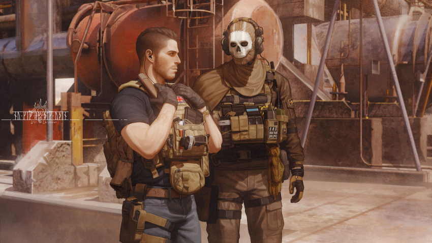 2boys absurdres arm_tattoo artist_name black_gloves black_hair black_pants black_shirt brown_gloves brown_pants bulletproof_vest call_of_duty call_of_duty:_modern_warfare_2 closed_mouth day facial_hair ghost_(modern_warfare_2) gloves highres holstered_weapon knife_holster large_pectorals looking_at_another male_focus mask multiple_boys muscular muscular_male outdoors pants pectorals shirt short_hair skull_mask soap_(modern_warfare_2) tattoo ulfr_larynsson weapon