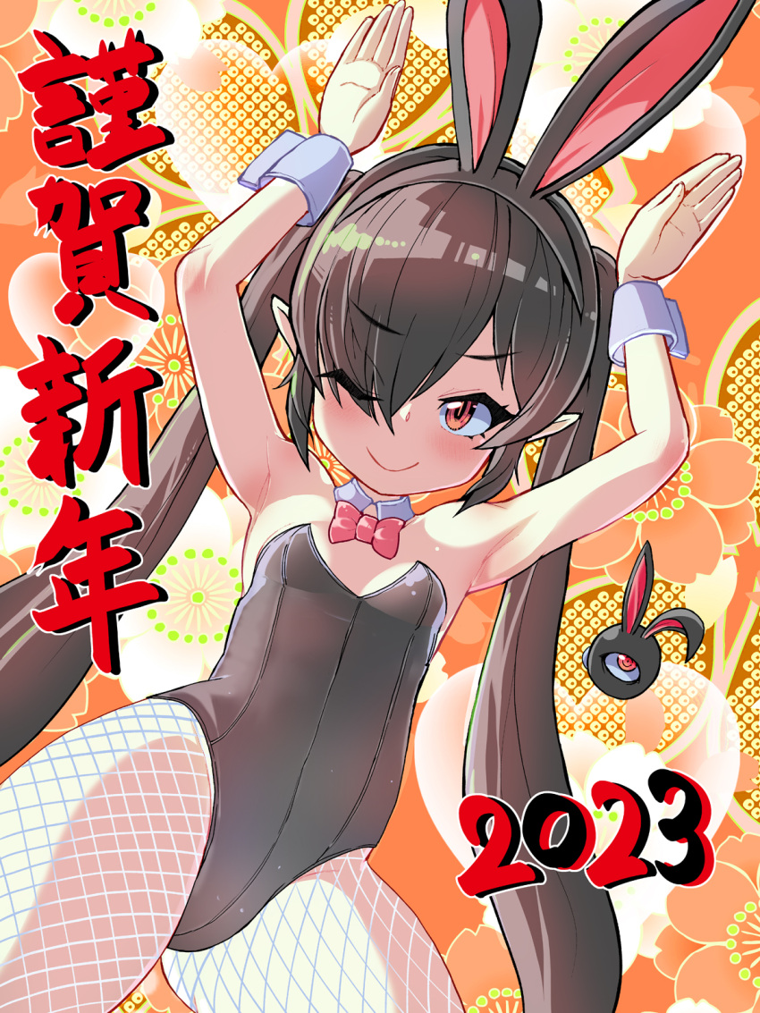 1girl 2023 animal_ears armpits backbeako backbeard black_hair blush bow bowtie breasts bunny_pose chinese_zodiac closed_mouth commentary_request detached_collar eyes_visible_through_hair fake_animal_ears fishnet_pantyhose fishnets gegege_no_kitarou hair_over_one_eye highres long_hair looking_at_viewer one_eye_closed original pantyhose playboy_bunny pointy_ears rabbit_ears rabbit_tail red_bow red_bowtie red_eyes small_breasts smile solo tail torotei translation_request twintails very_long_hair wrist_cuffs year_of_the_rabbit