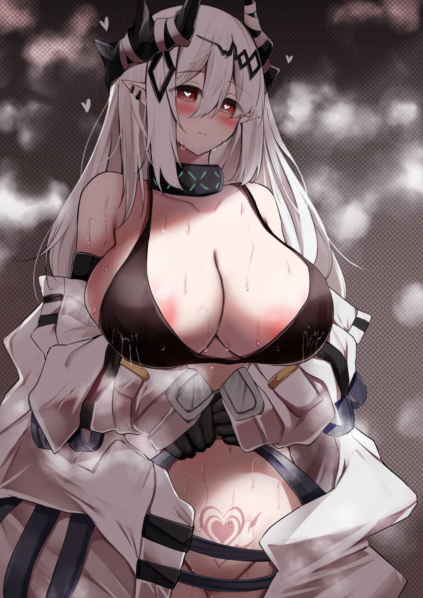 1girl absurdres areola_slip arknights armor bare_shoulders black_camisole black_gloves blush breasts brown_background brown_eyes camisole cleavage collarbone commentary_request cowboy_shot ear_piercing elite_ii_(arknights) gloves groin heart heart-shaped_pupils heart_tattoo highres horns huge_breasts infection_monitor_(arknights) kokihanada lactation lactation_through_clothes long_hair looking_at_viewer mudrock_(arknights) no_panties open_clothes piercing pointy_ears pubic_tattoo shade smile solo standing steaming_body sweat symbol-shaped_pupils tattoo white_hair