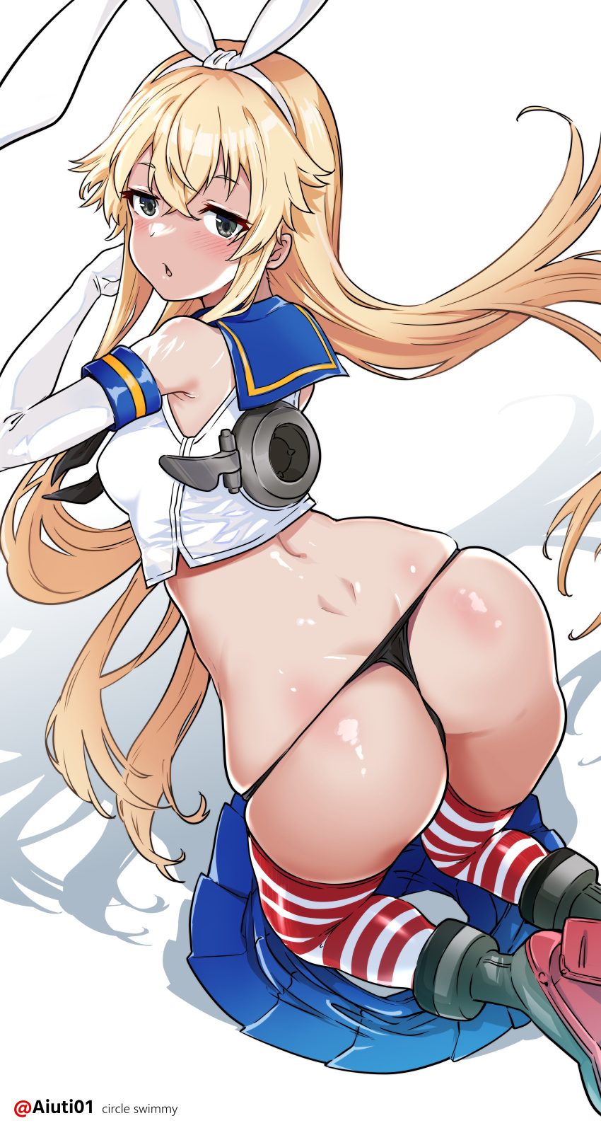 1girl absurdres aiuti ass black_neckerchief black_panties blonde_hair blue_sailor_collar blue_skirt crop_top elbow_gloves from_behind gloves grey_eyes hairband highleg highleg_panties highres kantai_collection kneeling long_hair looking_at_viewer looking_back microskirt miniskirt neckerchief panties sailor_collar shimakaze_(kancolle) skirt skirt_removed solo striped striped_thighhighs thighhighs thong underwear white_gloves white_hairband