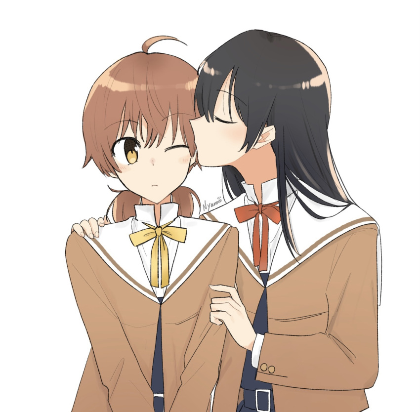 2girls ahoge artist_name black_hair brown_hair closed_eyes closed_mouth commentary_request hair_down hand_on_another's_arm hand_on_another's_shoulder high_collar highres kiss kissing_cheek koito_yuu long_hair long_sleeves multiple_girls nanami_touko neck_ribbon nyamo one_eye_closed red_ribbon ribbon school_uniform short_hair tohmi_higashi_high_school_uniform twintails upper_body yagate_kimi_ni_naru yellow_eyes yellow_ribbon yuri