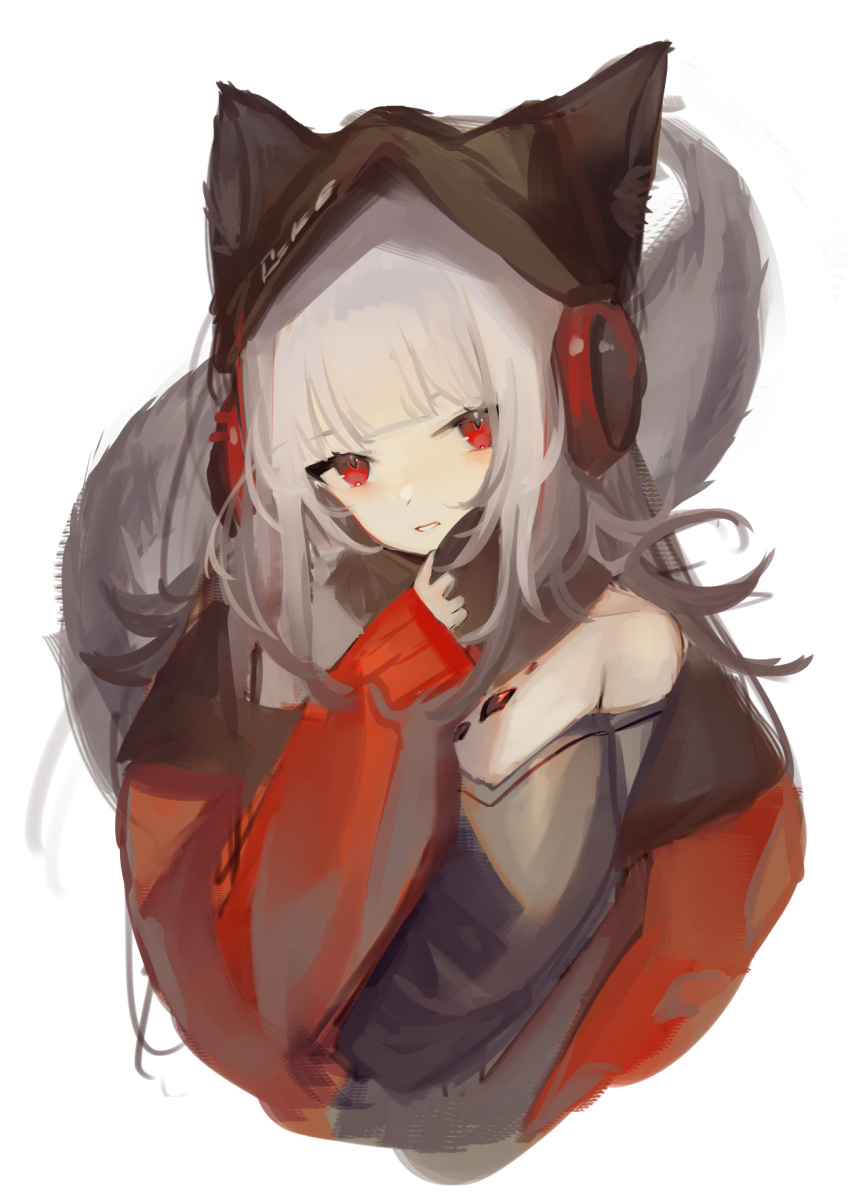 1girl animal_ears arknights beanie black_headwear blush ears_through_headwear fox_ears fox_girl fox_tail frostleaf_(arknights) grey_hair hat hemorina highres jacket long_hair long_sleeves looking_at_viewer off-shoulder_shirt off_shoulder one-hour_drawing_challenge open_clothes open_jacket oripathy_lesion_(arknights) parted_lips red_eyes red_jacket scarf_pull shirt simple_background solo tail upper_body white_background