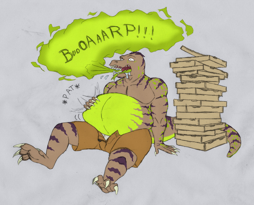 after_eating anthro belly belly_jiggle belly_slapping big_belly bloated bodily_fluids bottomwear brown_body brown_scales burp_cloud burping claws clothing digitigrade drooling forked_tongue green_belly hand_on_stomach hi_res jiggling komodo_dragon lizard long_tail love_handles male matydraws_(artist) maverick_(binxthecougar) monitor_lizard onomatopoeia open_mouth overweight overweight_male patting_belly pecs pile pile_of_food pizza_box reptile saliva saliva_on_tongue saliva_string scales scalie sharp_claws sharp_teeth shorts sitting solo sound_effects stuffing stuffing_(food) surprised_expression tail teeth text throat toe_claws tongue tongue_out toony_expression unbuttoned unbuttoned_shorts underwear visible_underwear