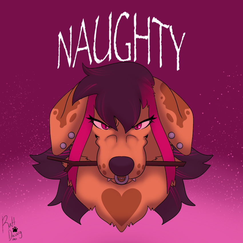 ambiguous_gender angry anthro brown_body brown_fur ear_piercing facial_piercing fur hair heart_(marking) hi_res naughty_face nose_piercing nose_ring object_in_mouth piercing pink_body pink_fur pink_hair rattdawg ring_piercing simple_background stick tan_body tan_fur text