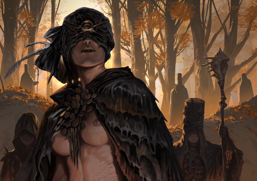 1girl 2boys 3others autumn_leaves black_robe breasts cloak conch covered_eyes degenesis forest highres medium_breasts multiple_boys multiple_others nature nipples parted_lips robe scar scar_on_stomach sixmorevodka staff