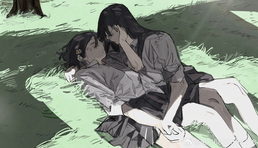 2girls absurdres ankle_socks arm_around_neck black_hair black_skirt blush brown_eyes brown_hair chinese_commentary clenched_hand closed_mouth collared_shirt commentary_request expressionless eye_contact feet_out_of_frame flower grass hair_flower hair_ornament hair_over_shoulder half-closed_eyes hand_on_another's_head highres holding_hands long_hair long_sleeves looking_at_another miniskirt multiple_girls original outdoors pleated_skirt school_uniform shade shirt short_hair skirt sleeves_past_elbows socks tree watermark weibo_6889859278 weibo_logo weibo_username white_flower white_shirt white_sleeves white_socks yuri
