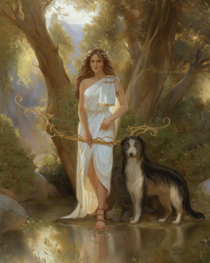 1girl absurdres armlet artemis_(mythology) bow_(weapon) brown_hair day dog dress greek_mythology highres holding holding_bow_(weapon) holding_weapon long_hair looking_at_viewer marblenxart outdoors reflection reflective_water sandals sleeveless sleeveless_dress tree water weapon white_dress